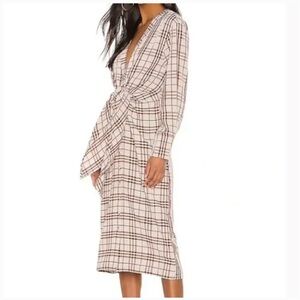 L’ Academie Midi Dress Pauline Brown Plaid Waist Tie Long Sleeve Size S